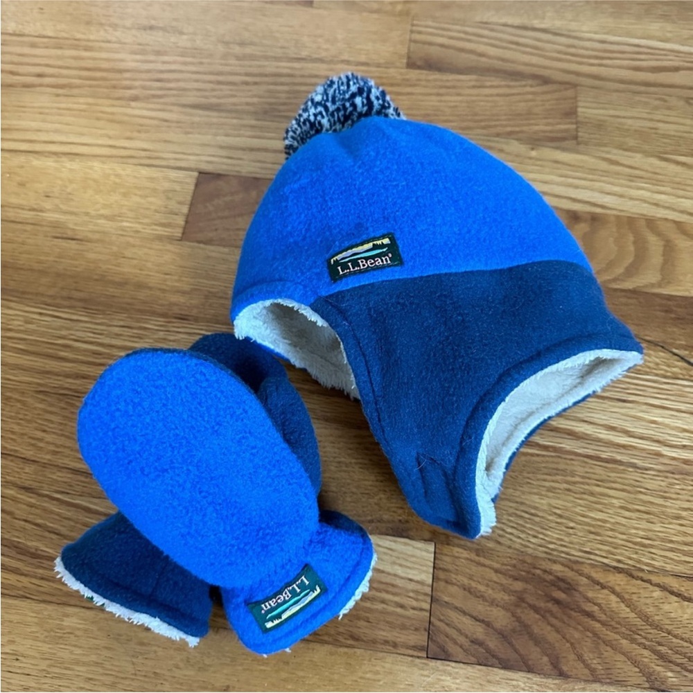 L.L. Bean Blue and Gray Kids Winter Hat and Mittens Set